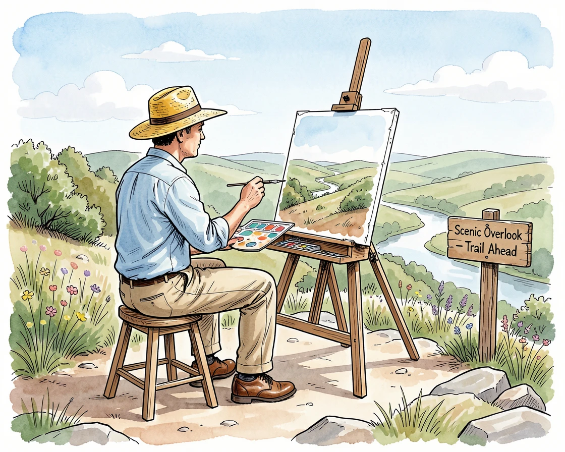 An artist painting a landscape en plein air, easel set up at the edge of a scenic overlook