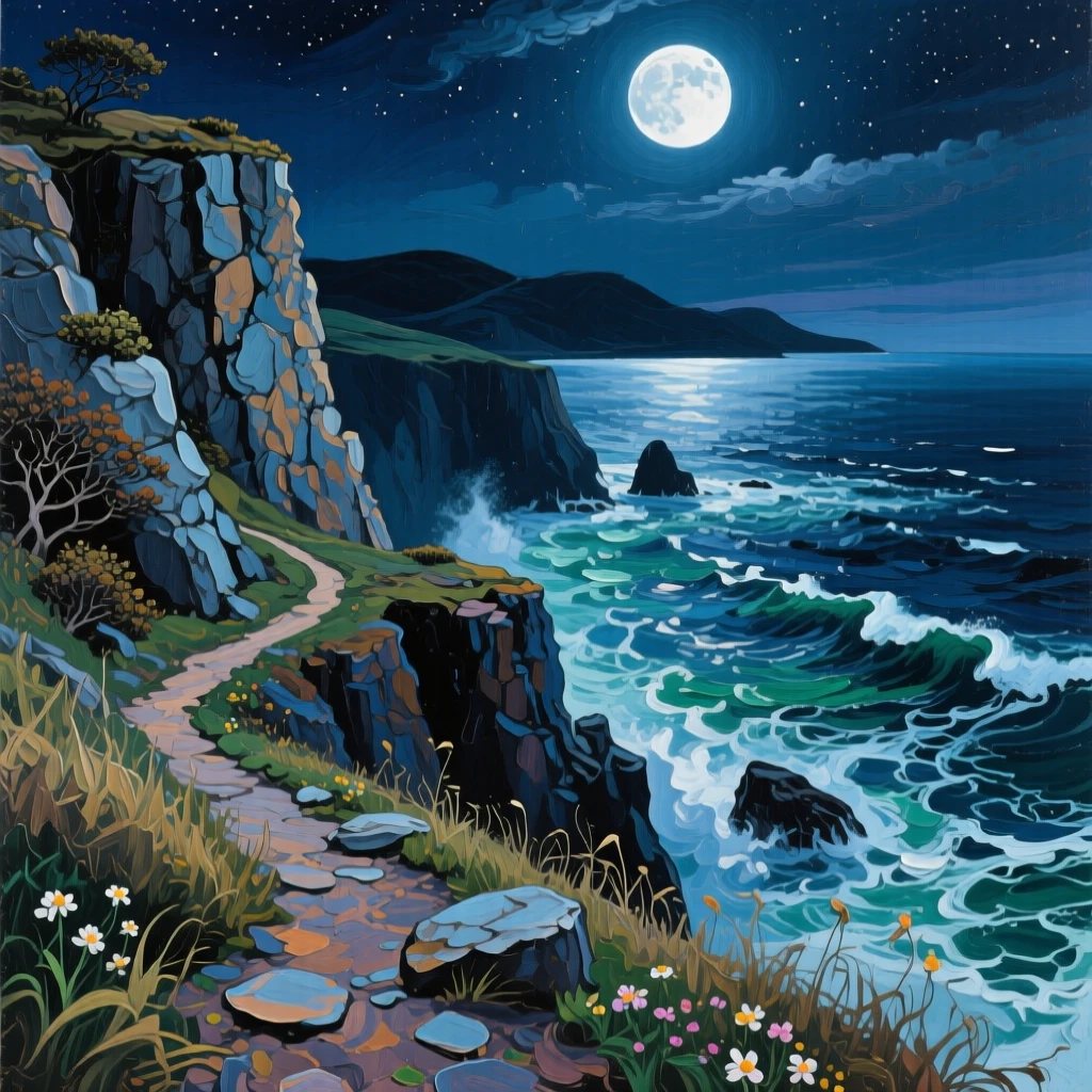 a cliffside path above a restless sea, under a full moon, with layered visual detail from foreground to horizon.