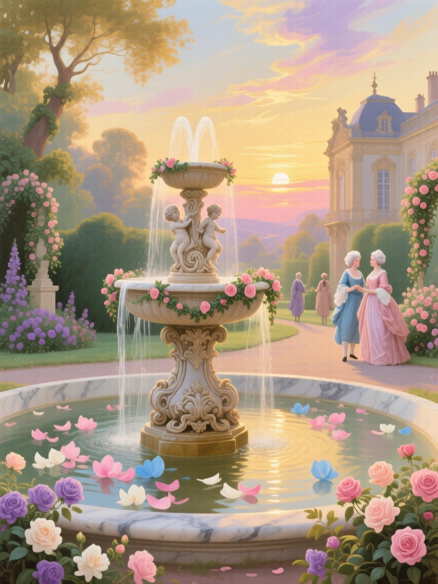 A golden sunset behind a palace fountain filled with floating flower petals  