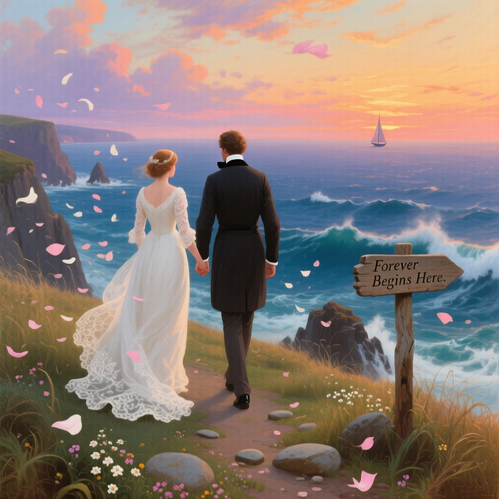 A bride and groom walk hand in hand along a quiet clifftop overlooking the sea as petals drift in the breeze.