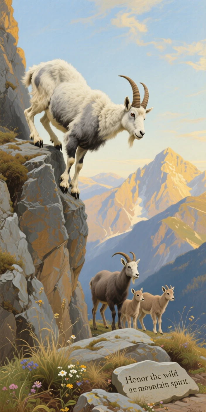 A mountain goat balancing effortlessly on a near-vertical cliff face, as the rest of its family group remains close by, celebrating the raw beauty and dignity of the animal kingdom