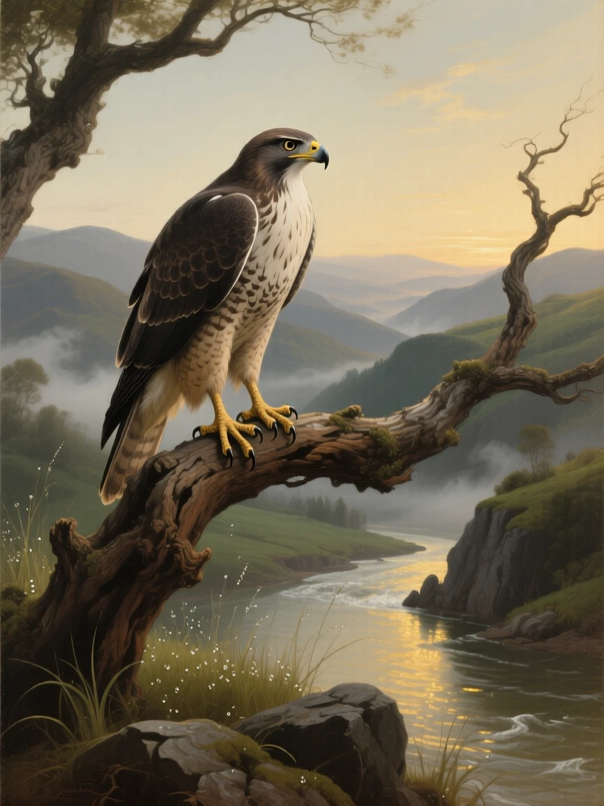 A hawk perched regally on a gnarled branch overlooking the valley at the peaceful, unguarded heart of the natural world, set beside a rushing river cutting through ancient hills, with dew-covered grass, drifting mist, and soft golden light; strong natural framing from branches or rock formations draws the eye inward, suggesting the timeless harmony between nature and spirit.