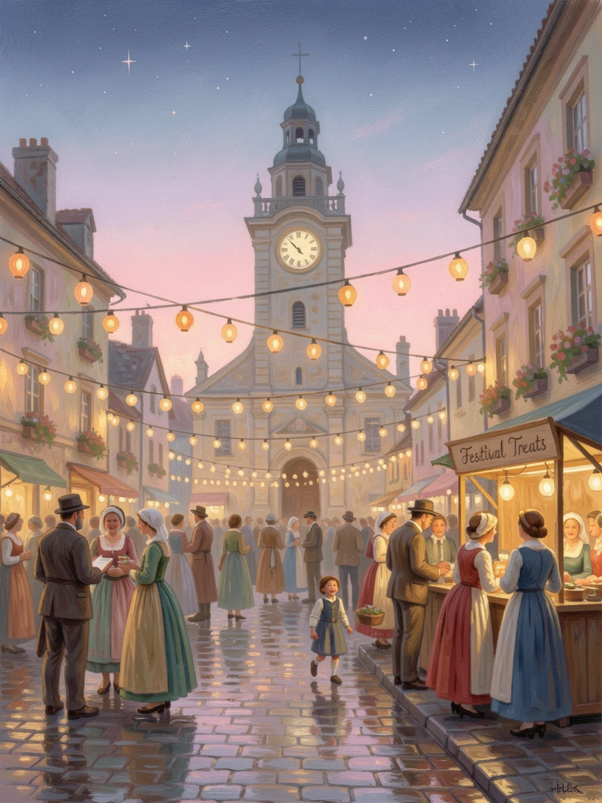 An old-world clocktower square where townsfolk gather beneath strings of lanterns for a festival.