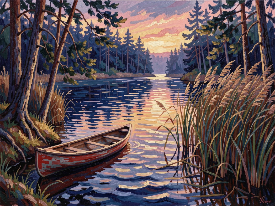 A quiet forest lake with a single canoe drifting near the reeds at dawn.