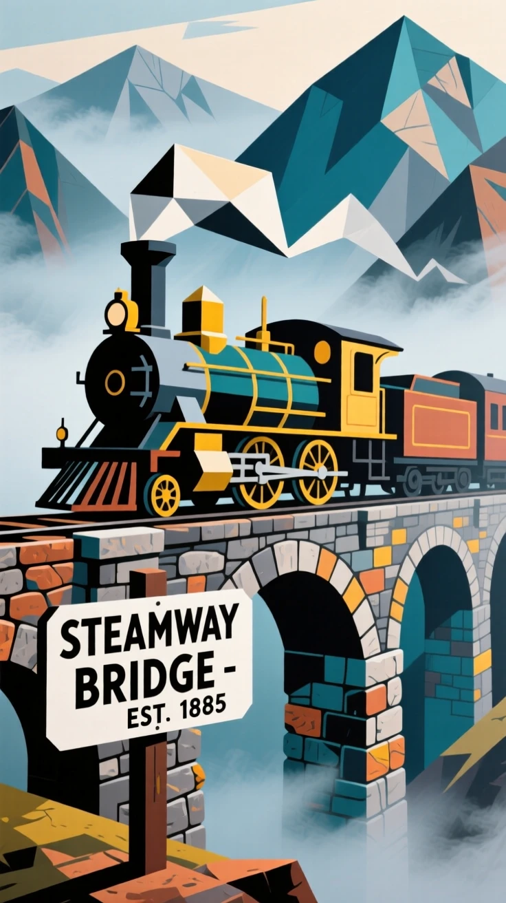 A classic steam locomotive crossing a stone bridge through misty mountains.