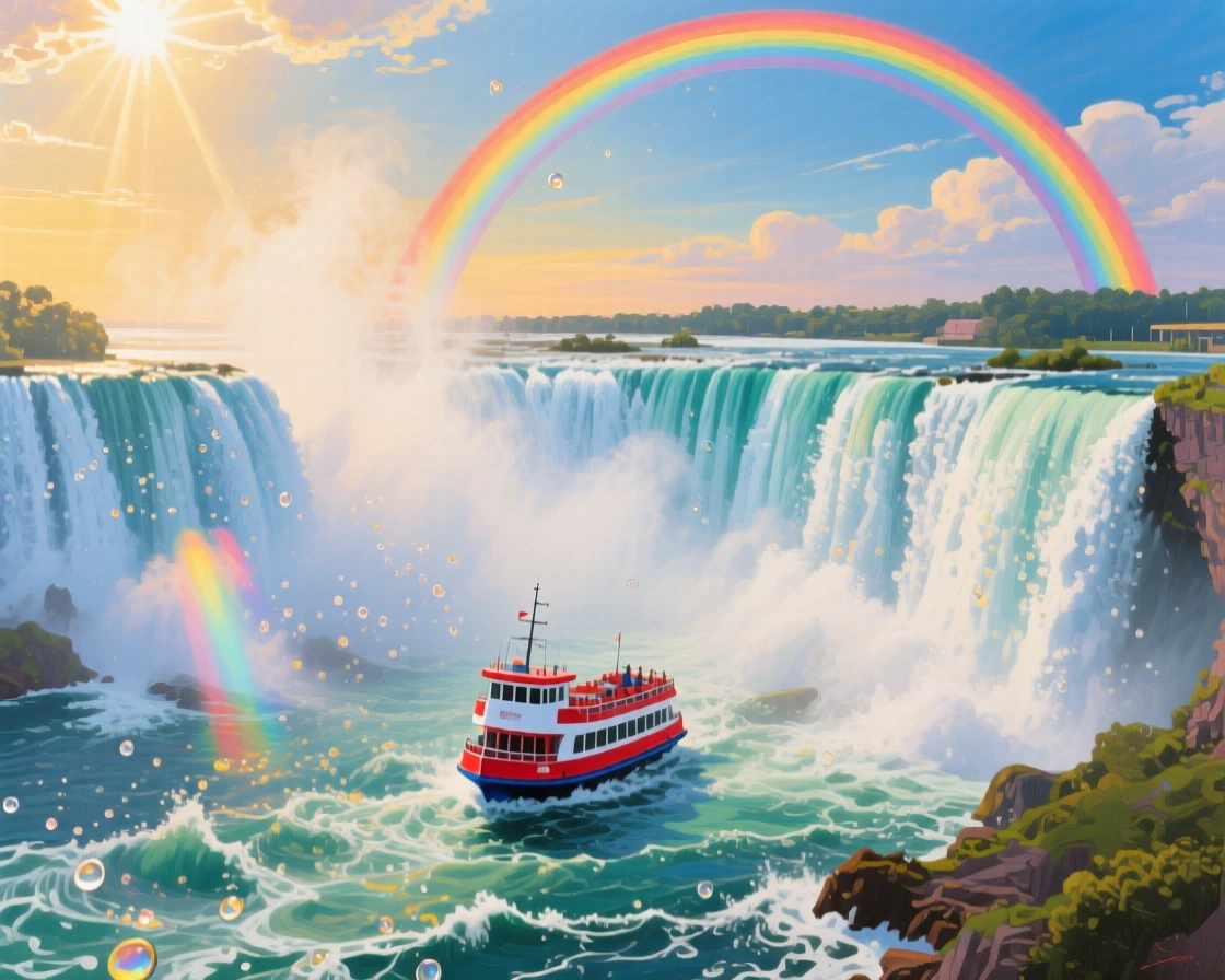 Niagara Falls roars under a brilliant rainbow, a tour boat approaching the base of the churning mist, sunlight catching countless droplets suspended in the air, subtle color shifts across the sky suggesting the slow passage of time within the scene.