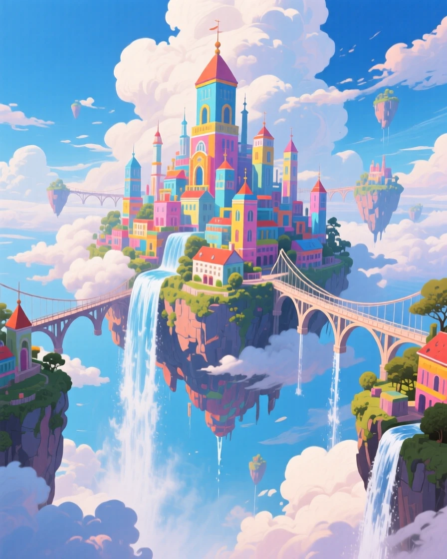 A floating city suspended among clouds, connected by delicate bridges and waterfalls pouring into the sky below