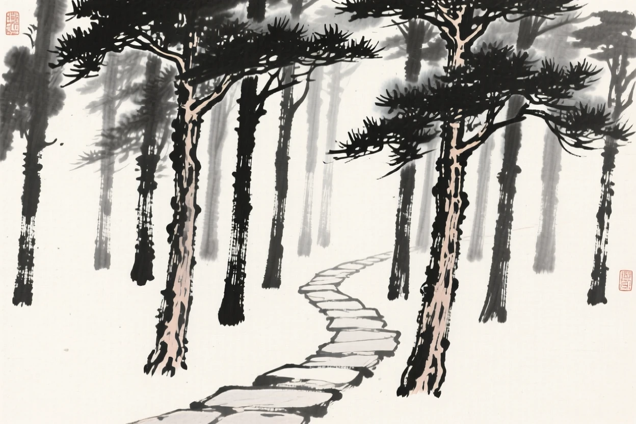 a grove of tall cypress trees, with a narrow stone path winding between the trunks.