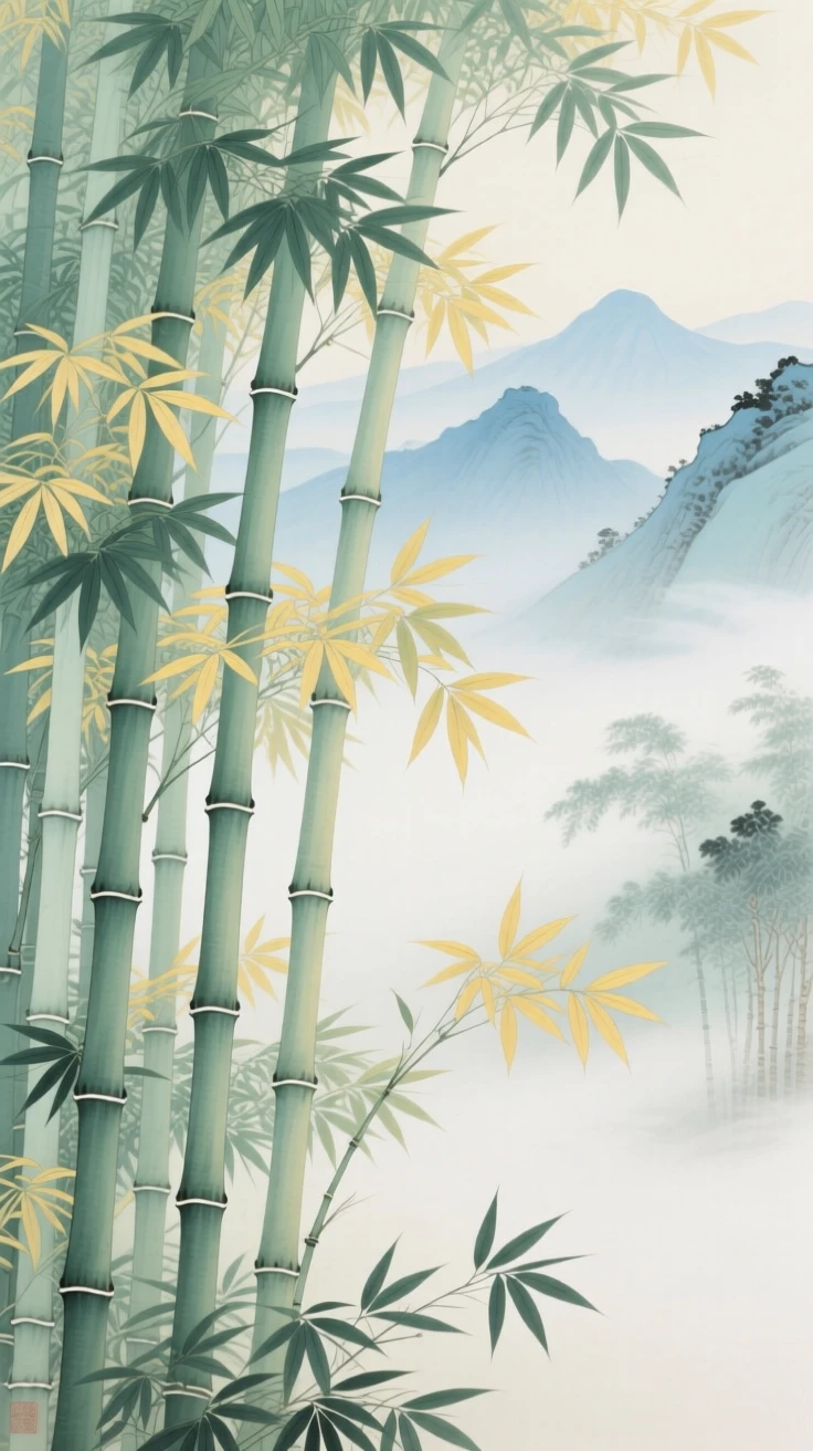 A bamboo forest with light filtering through the stalks, distant peaks fading into layers of mist
