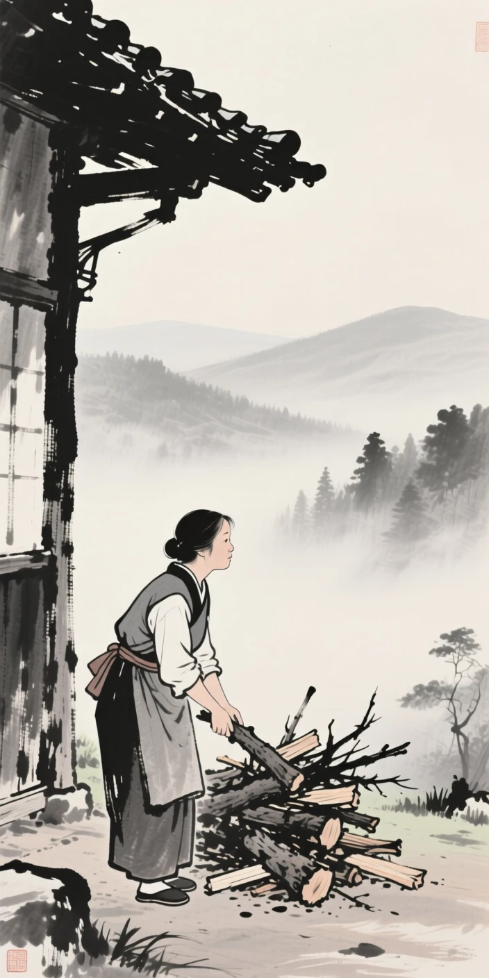 A woman gathering firewood gazing out over a misty valley beneath the eaves of an old farmhouse, composed with soft light falling across the scene, carrying a tender sense of familial warmth.