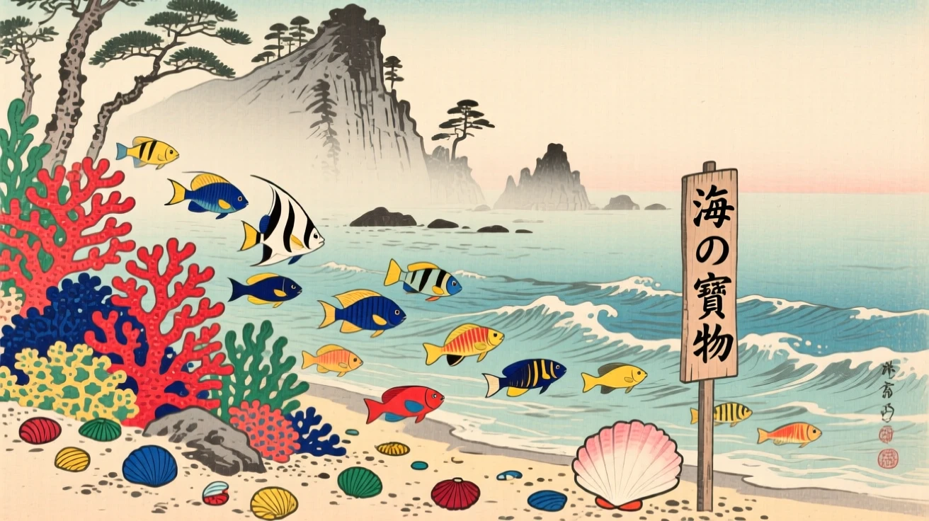 A coral reef alive with fish near a scatter of colorful shells, as fog rolls in from the sea.
