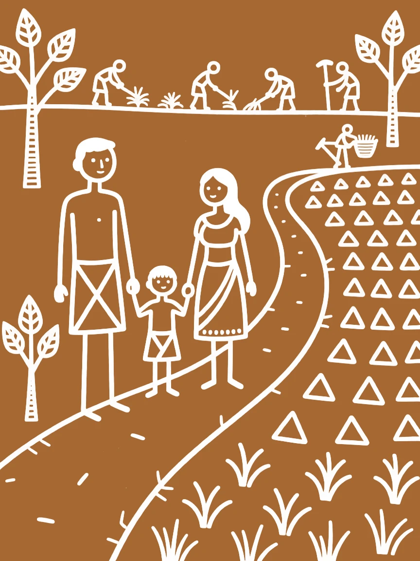 A father posing together for a family portrait along a path leading to the fields.