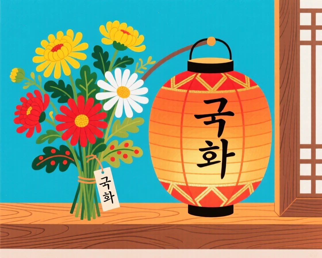 A still arrangement of a bouquet of wild chrysanthemums beneath a paper lantern on a windowsill.