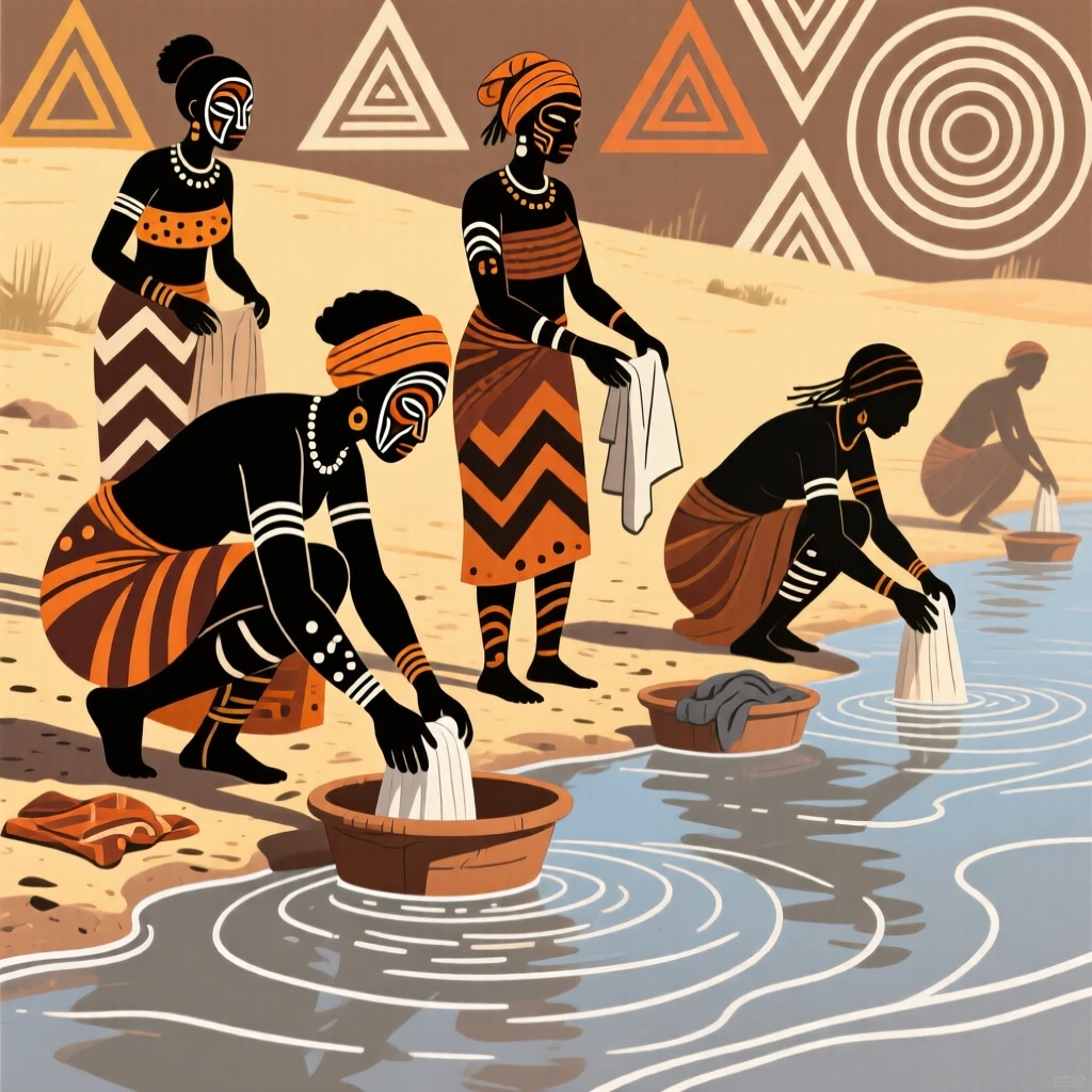 Women washing clothes at the riverbank on a warm and dusty afternoon.