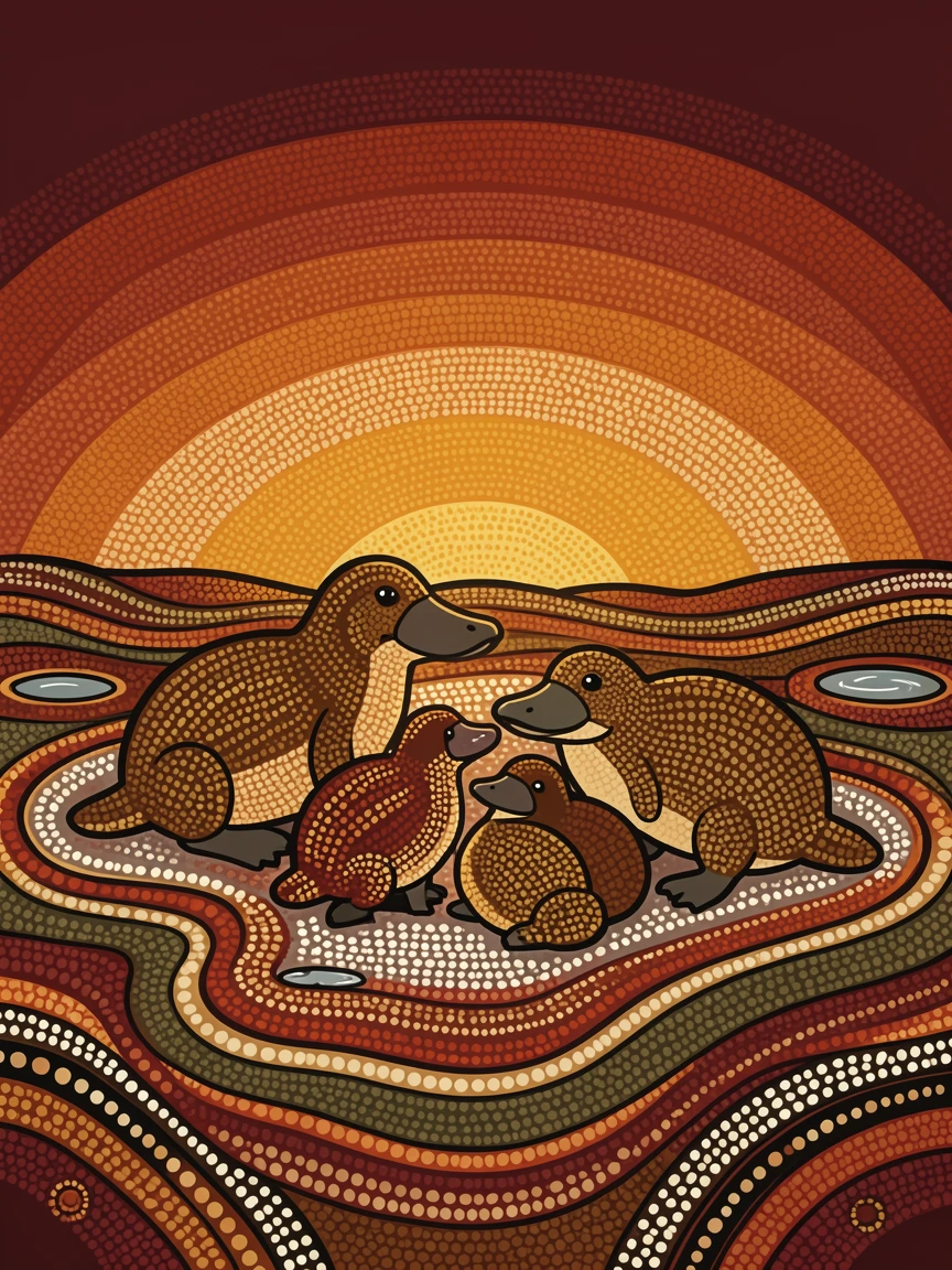 A platypus family gathered at sunset