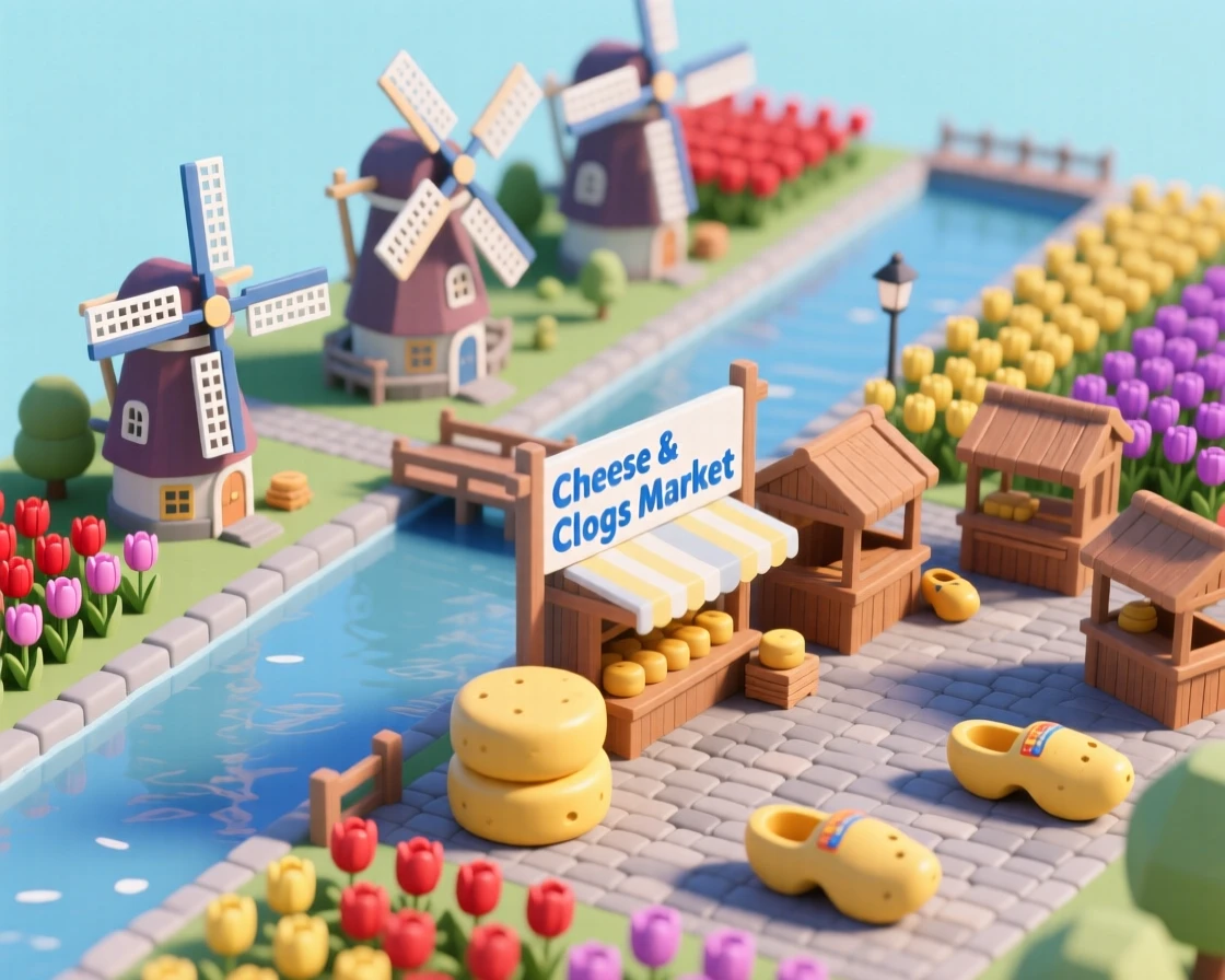 A miniature Dutch village with windmills lining a canal, tulip fields in full bloom, and a market square filled with cheese wheels and wooden clog stalls.