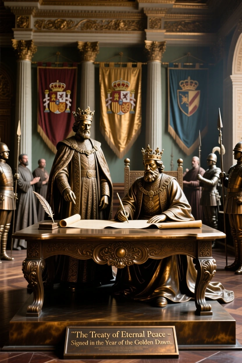 A legendary treaty being signed between two nations, with rich period detail and grandeur, evoking legend and timeless drama