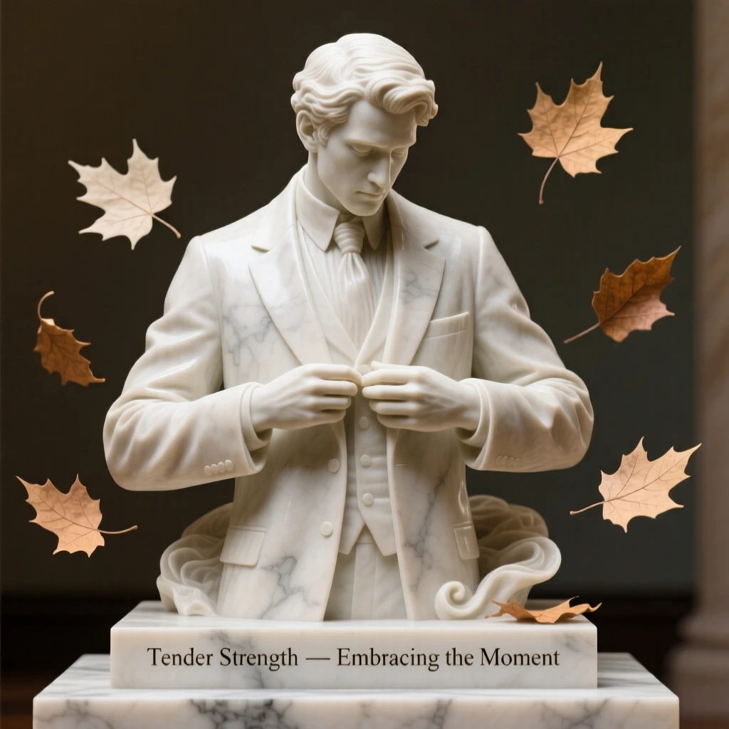 A tender portrait of a groom straightening his jacket, looking down with a tender, protective gaze, surrounded by drifting autumn leaves, evoking warmth and humanity