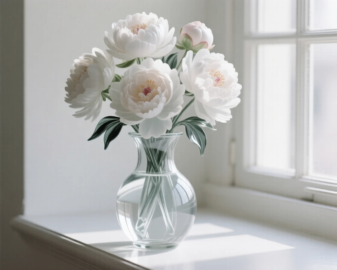 A cluster of peonies arranged in an elegant vase on a windowsill, soft diffused light streaming in, creating a tranquil still-life mood.