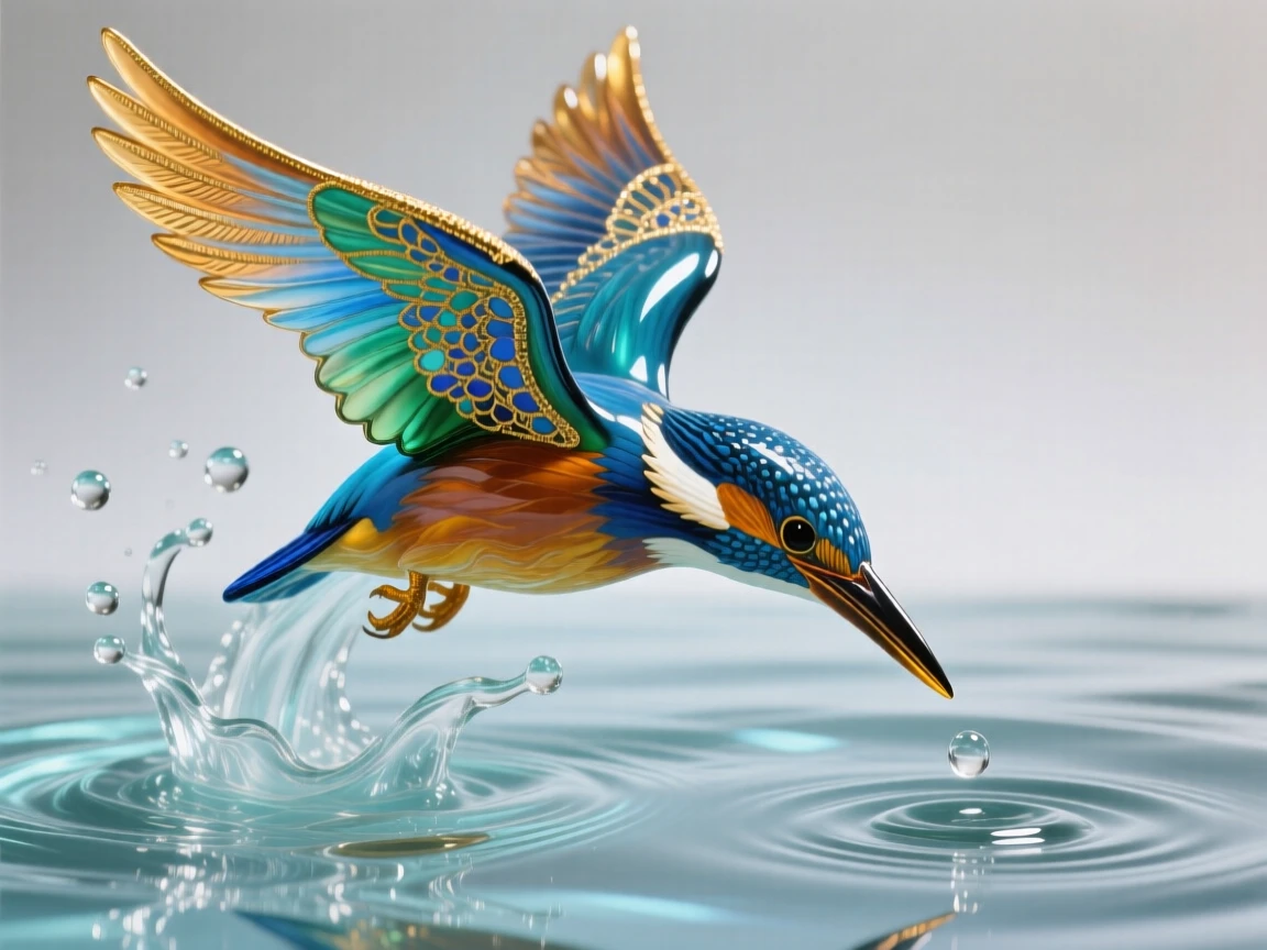 A single kingfisher diving into a still stream, dynamic and precise, water droplets frozen mid-splash.