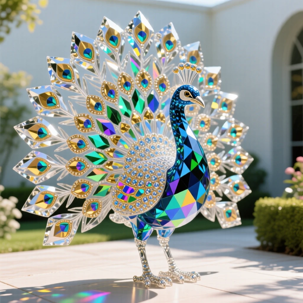 A peacock displaying its full iridescent tail feathers in a sunlit garden courtyard.