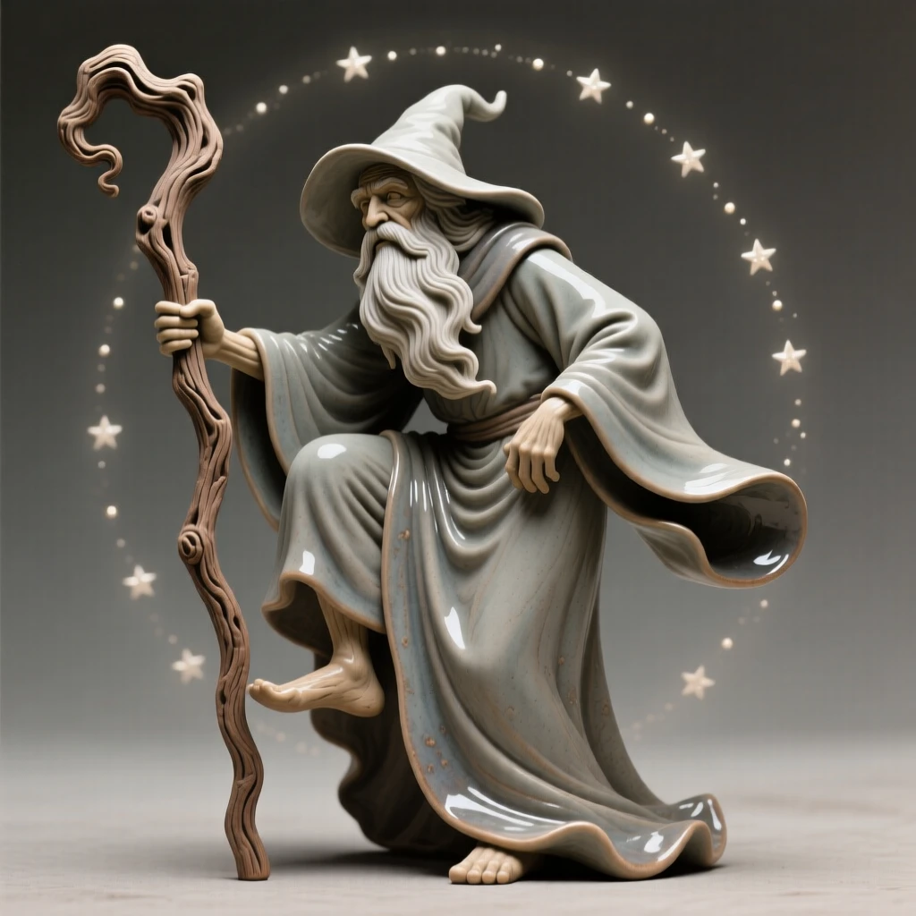 A wise old wizard leaning on a gnarled staff rearing on hind legs in triumphant display, haloed by a faint circle of starlight, evoking timeless wonder and ancient magic.