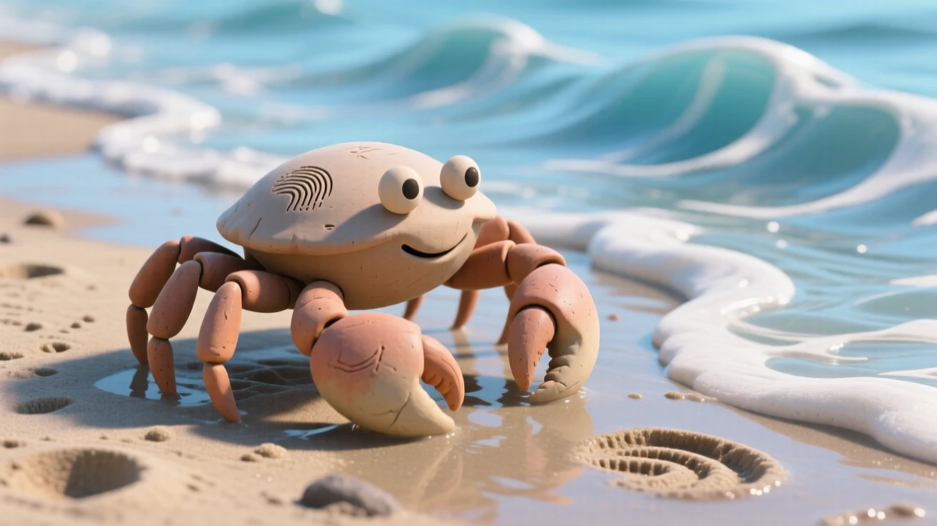 A crab scuttling across wet sand as waves gently recede