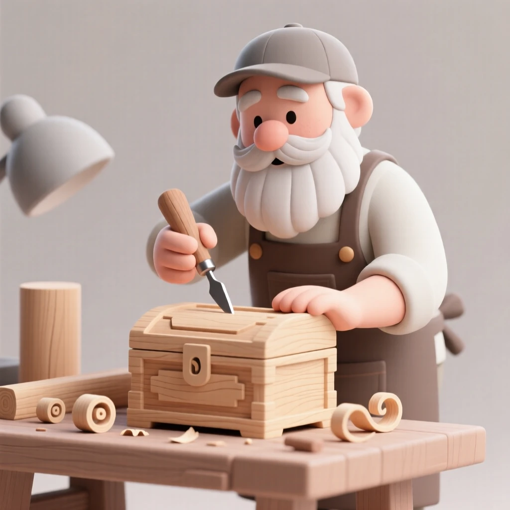 A wise old carpenter carves intricate patterns into a wooden chest, curls of shavings scattered across his workbench.