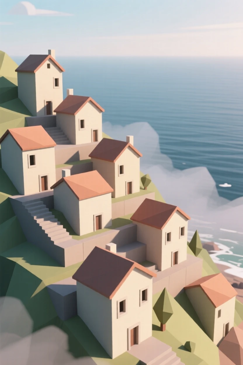 A terraced hillside town overlooking the sea, wrapped in early morning fog. the composition highlights layered rooftops and textures. A gentle, welcoming warmth fills the air.