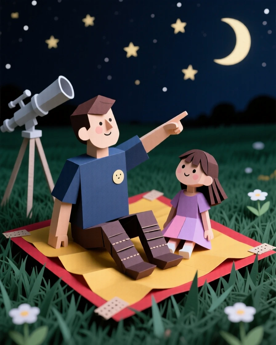 A father and daughter stargazing together on a picnic blanket in a dark open field, a telescope set up beside them, capturing curiosity and wonder.