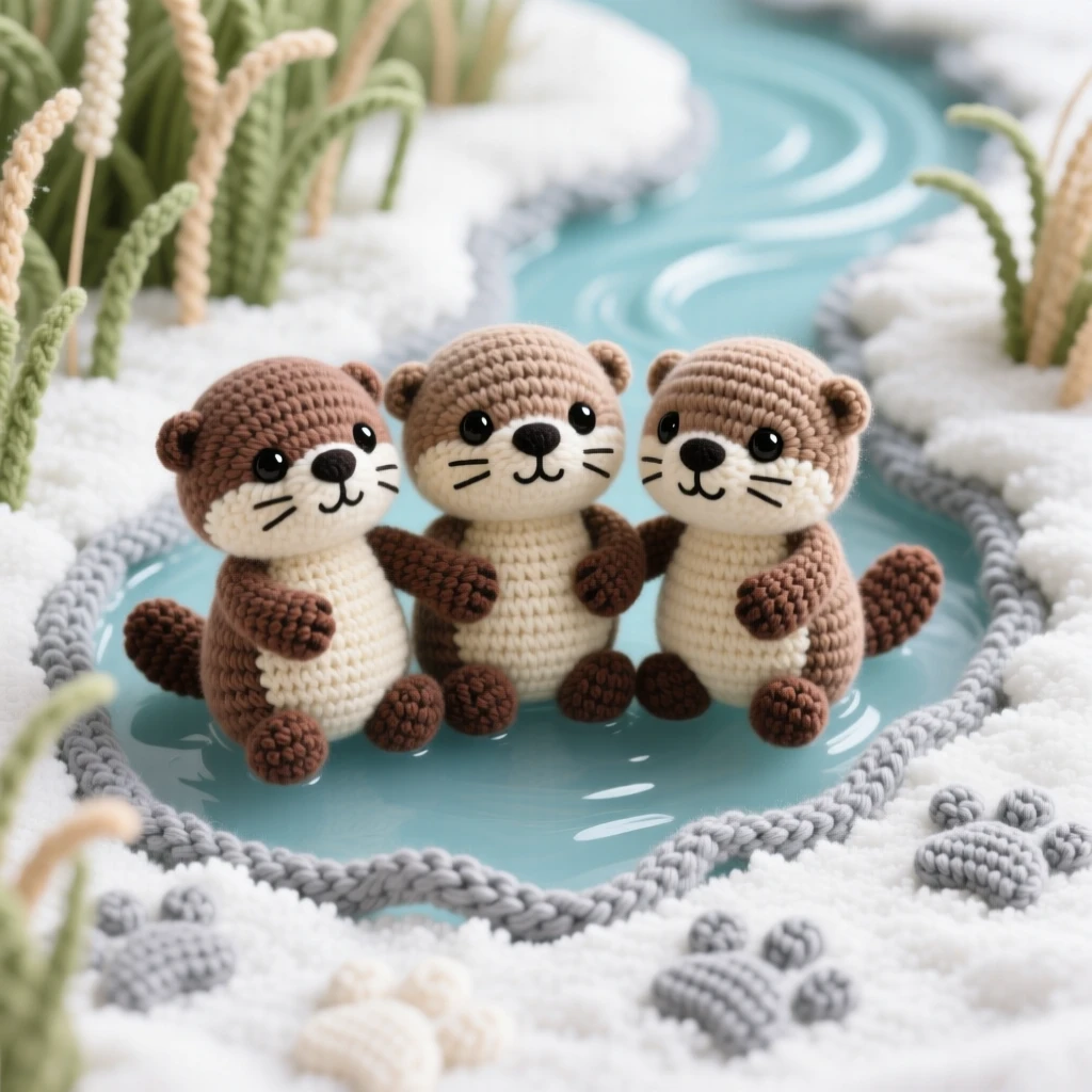 a small baby otter family trio, huddled close together for warmth, floating together holding paws in a line, set in a shallow creek winding through tall grass, with a trail of small paw prints in the snow, evoking quiet contentment and gentle curiosity.