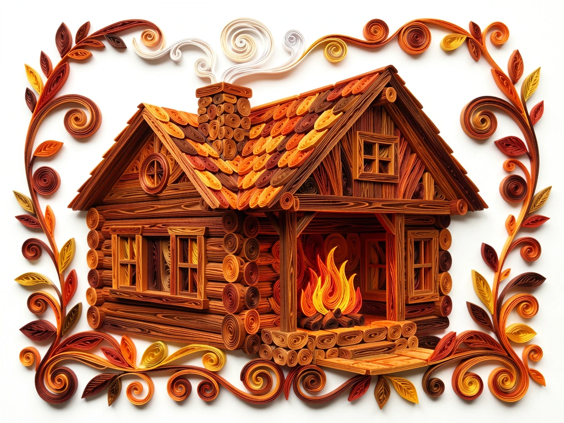a cozy winter cabin with smoke curling from the chimney, beside a crackling fireplace in a rustic cabin, arranged symmetrically for a balanced festive feel, in warm autumn tones of orange, rust, and brown.