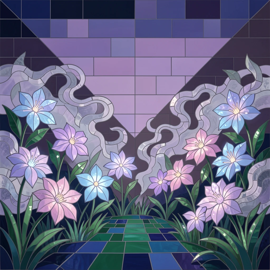 An epic fantasy scene of a fantasy garden where flowers glow softly in the twilight, with swirling mist and glowing highlights.