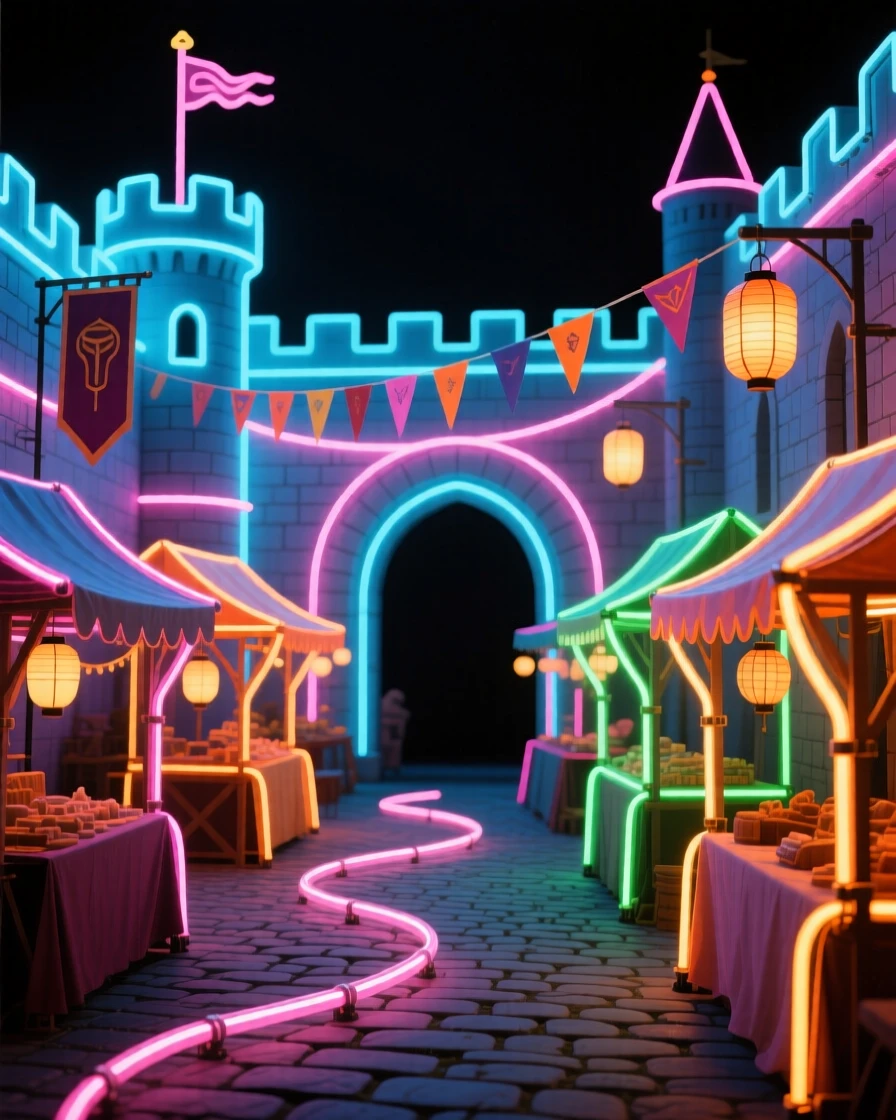 A castle courtyard filled with market stalls during a festival.