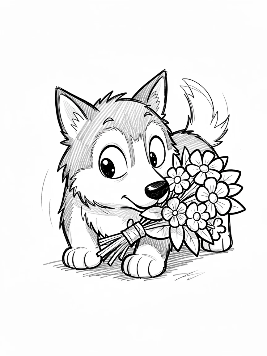 A husky puppy sniffing a bouquet of flowers.