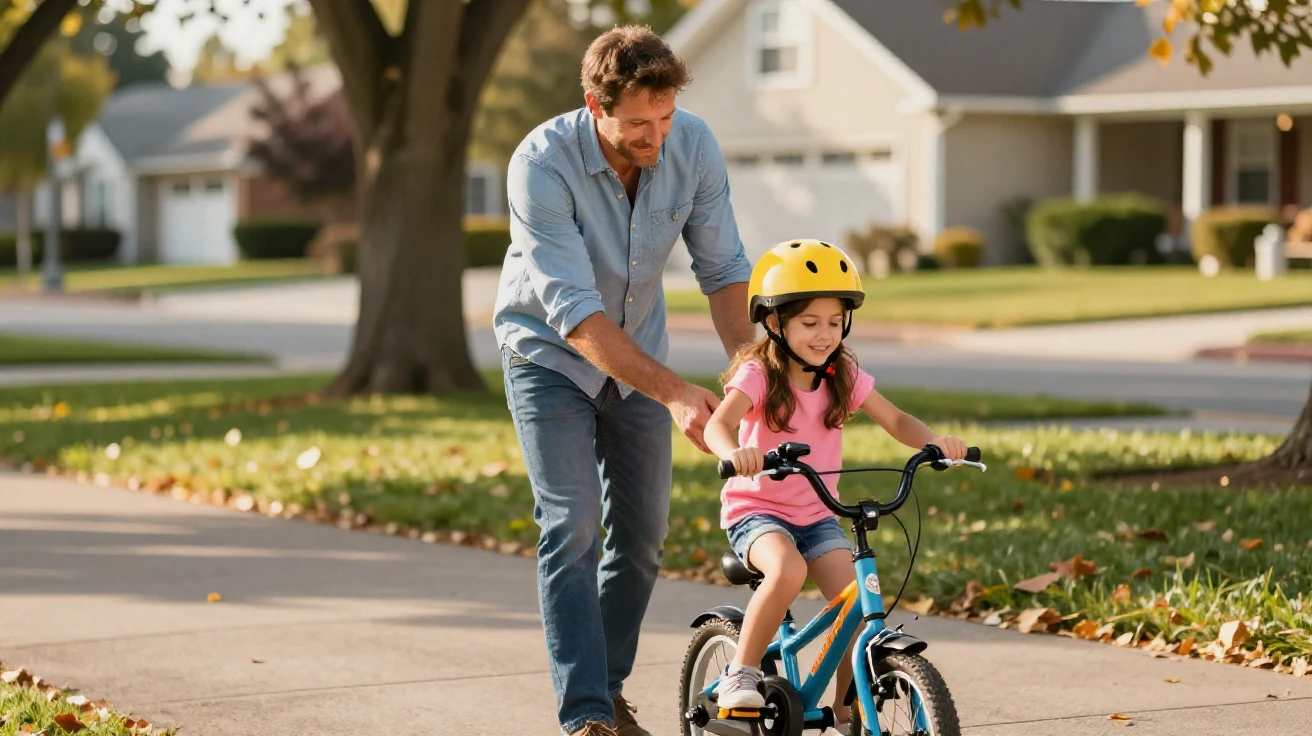 A father teaching his daughter to ride a bicycle