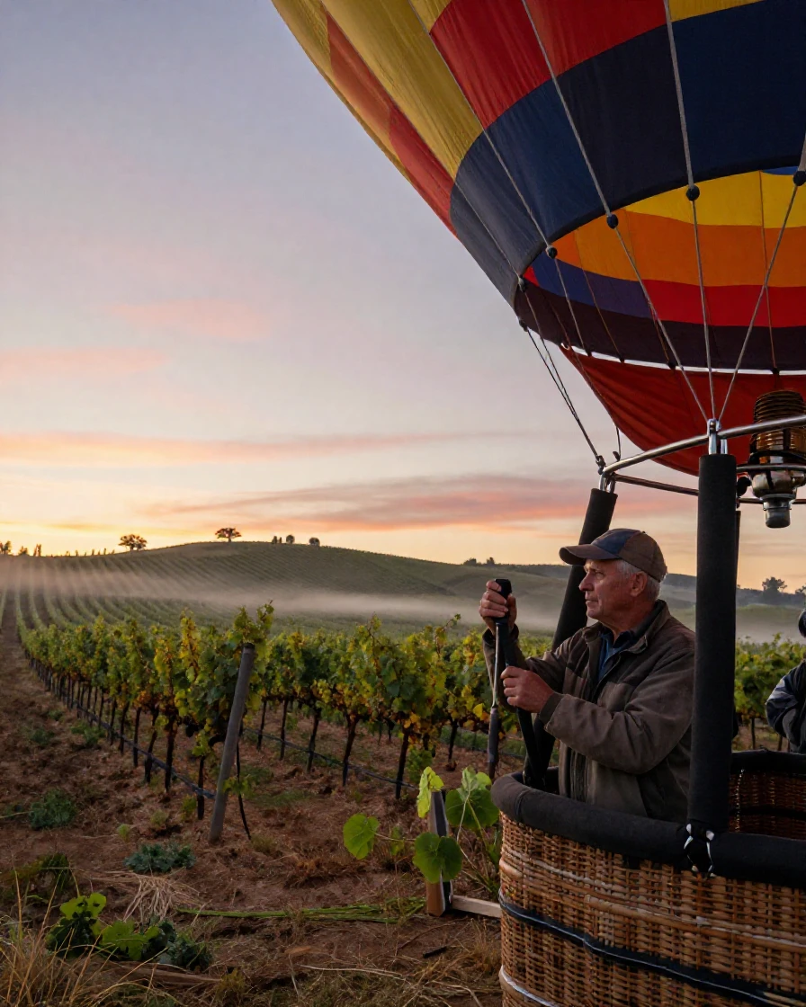 A hot air balloon pilot checks the burner before a sunrise flight over vineyards.