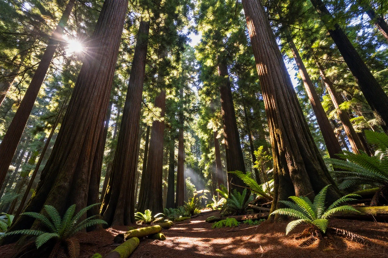 A dense forest of ancient redwoods beneath a blazing midday sun
