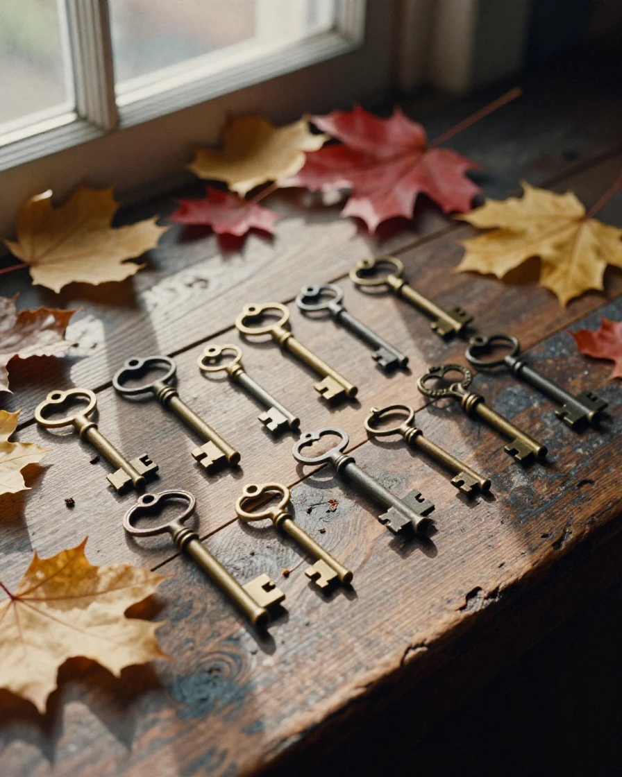 A collection of antique keys arranged on a weathered wooden table, in soft window light, as heat shimmers over the ground, as autumn leaves turn gold and red, in soft muted pastels, from a slightly elevated vantage point.