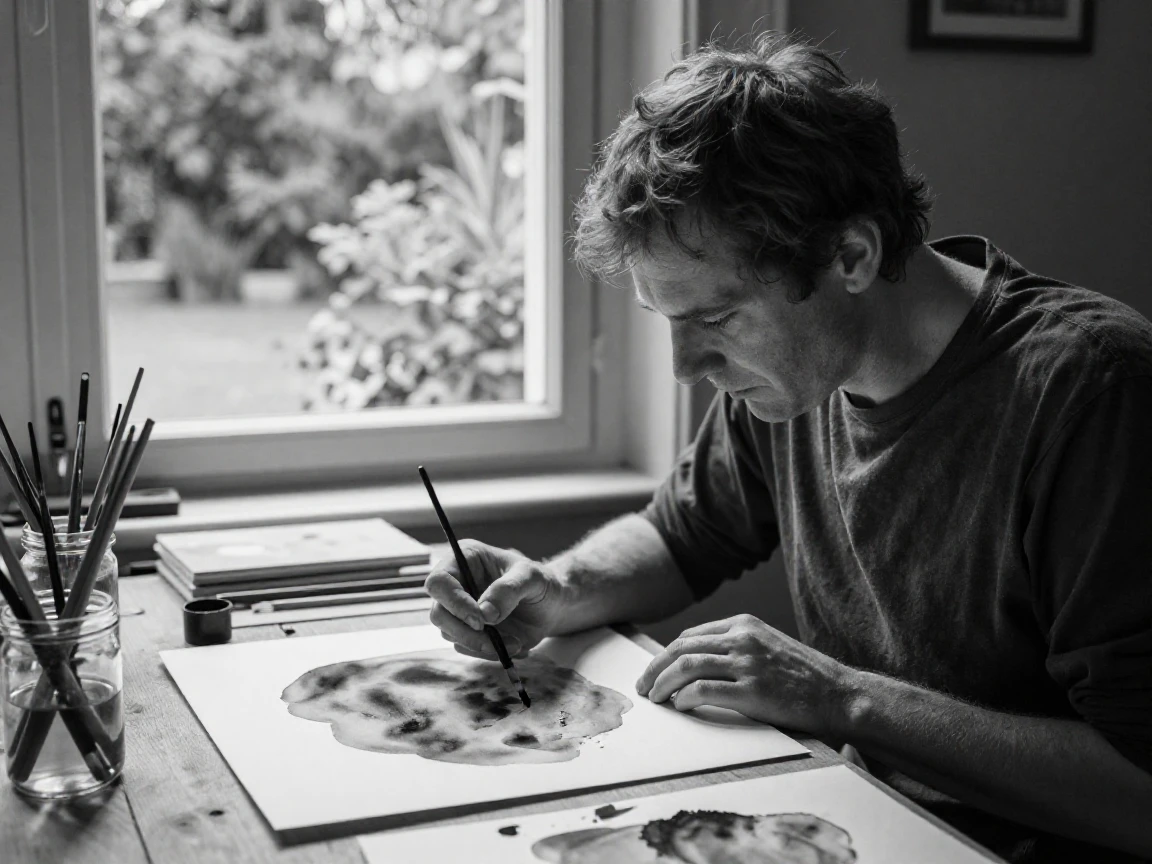 A watercolor painter blends soft washes of color on paper by a window overlooking a garden.