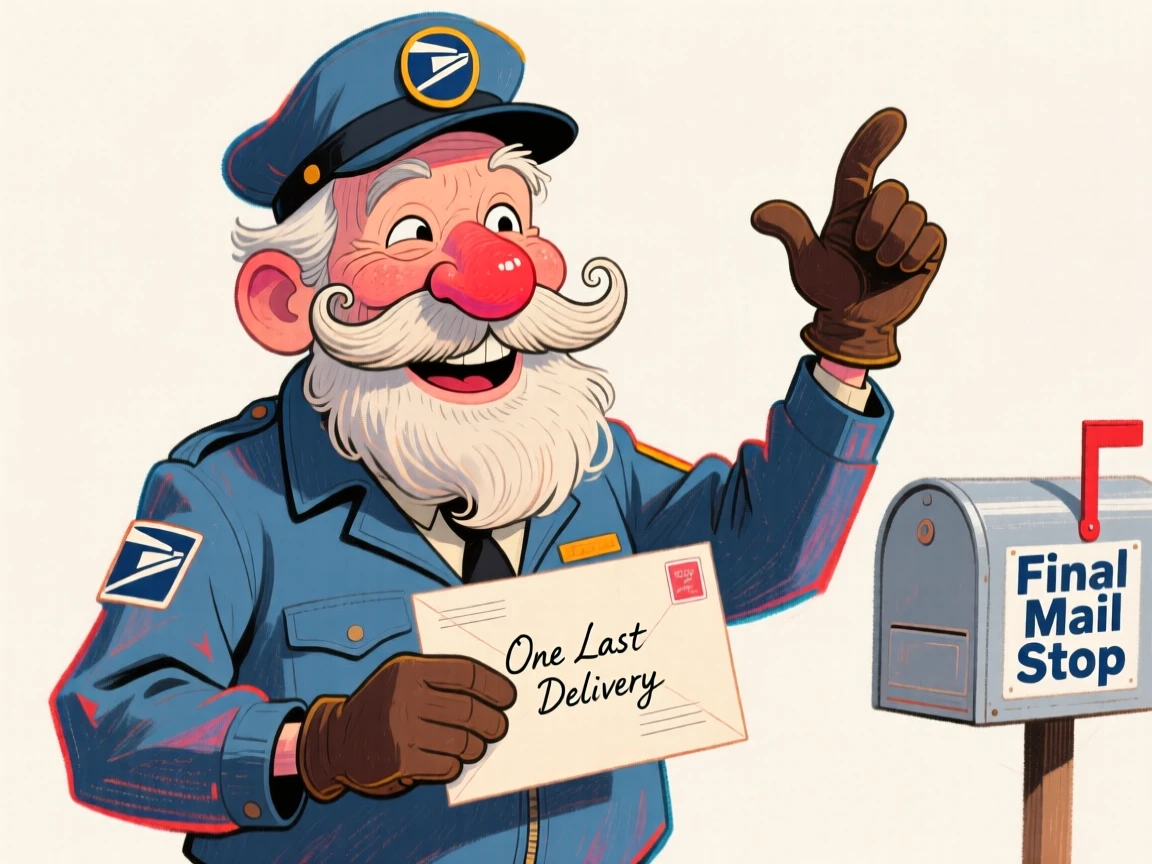 A retired postal worker with a handlebar mustache, delivering one final letter with a bow.