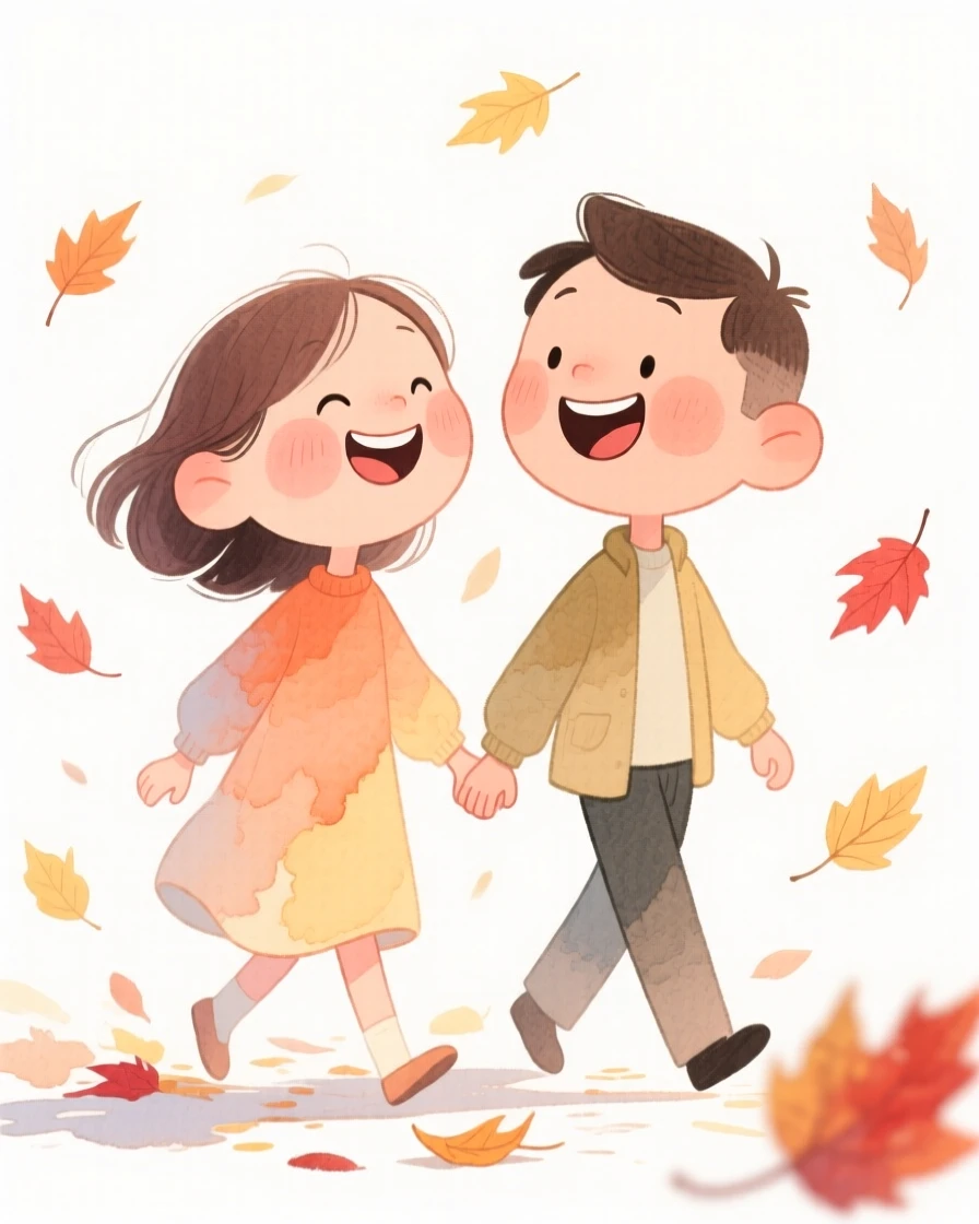 A couple reuniting after time apart holding hands while walking through falling autumn leaves