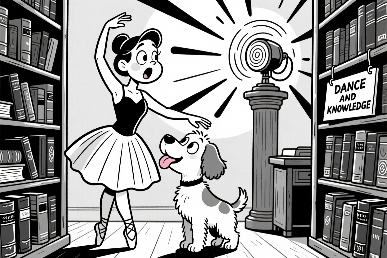 A graceful ballet instructor correcting posture, getting licked on the face by a grateful puppy, set among towering shelves of ancient books. A siren light spins in the background. It's a lighthearted tribute to a job well loved.