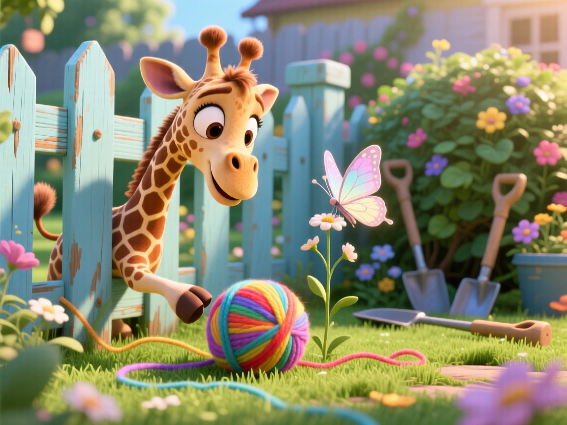 A wobbly baby giraffe is peeking through a garden fence, pawing gently at a ball of yarn. Playful joy radiates from the small creature, with a small butterfly resting nearby.