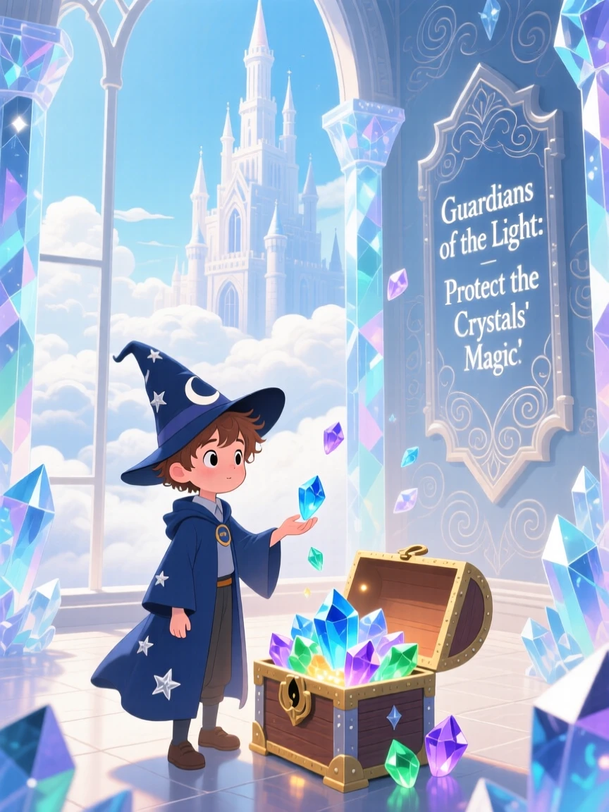 In a castle made of crystal, a young wizard apprentice discovers a moment of wonder while guarding a treasure of glowing crystals, with clouds drifting lazily below.