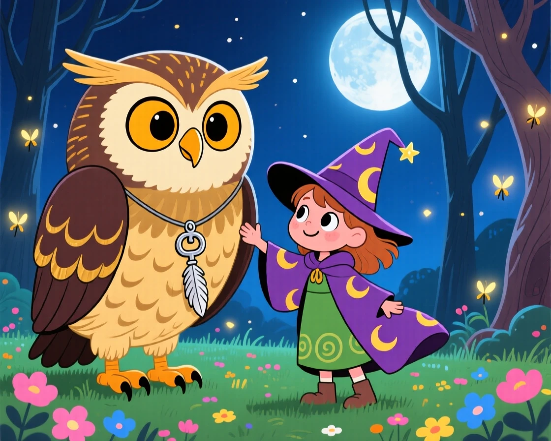 A young witch befriending a giant talking owl in a moonlit glade.