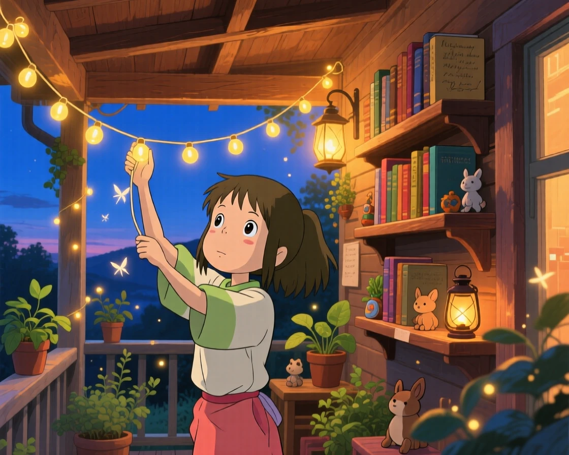Someone hanging string lights across a cozy porch, shelves lined with books and small trinkets, the whole scene feeling full of homely charm.