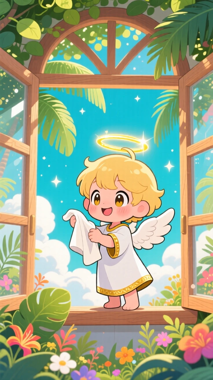 A young angel polishing a halo with a soft cloth, framed as a framed through a window within a cloud-top garden, on a warm tropical afternoon, glowing under dappled sunlight through a canopy, evoking delighted joy.