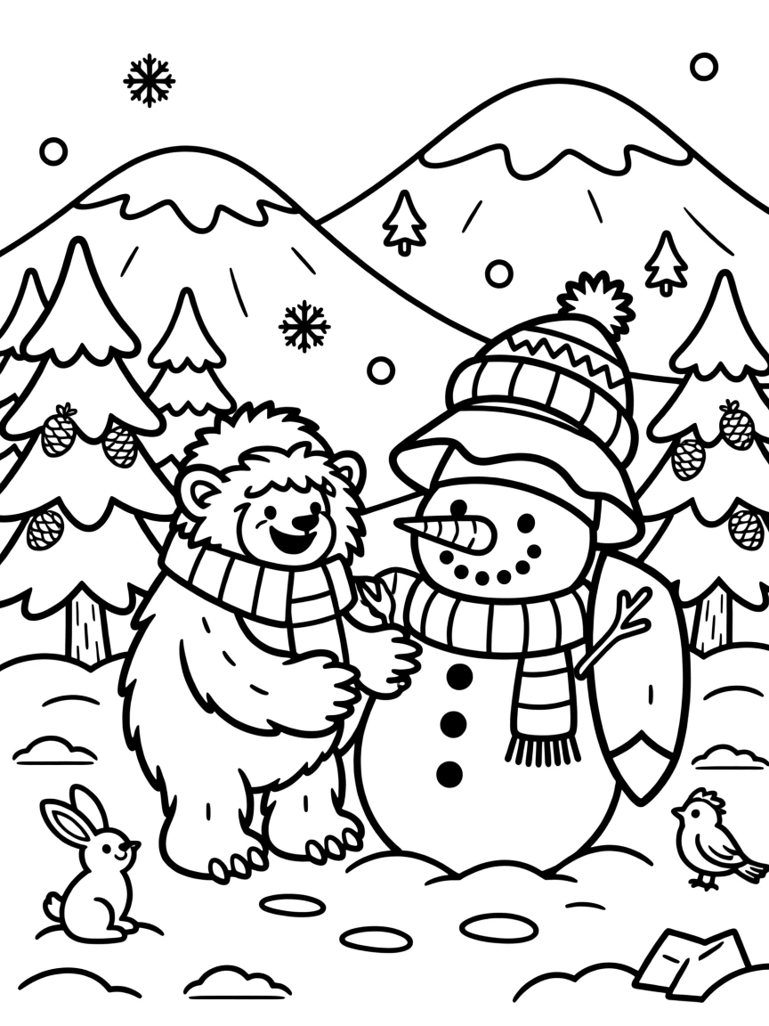 A friendly yeti building a snowman in the mountains
