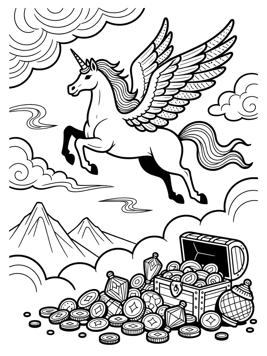 A pegasus flying through storm clouds, with a treasure hoard glinting in the shadows.